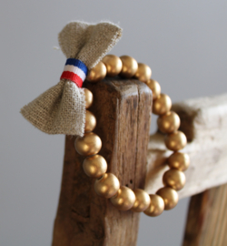 Gouden houten kralen armbandje met strikje Linnen en rood-wit-blauw
