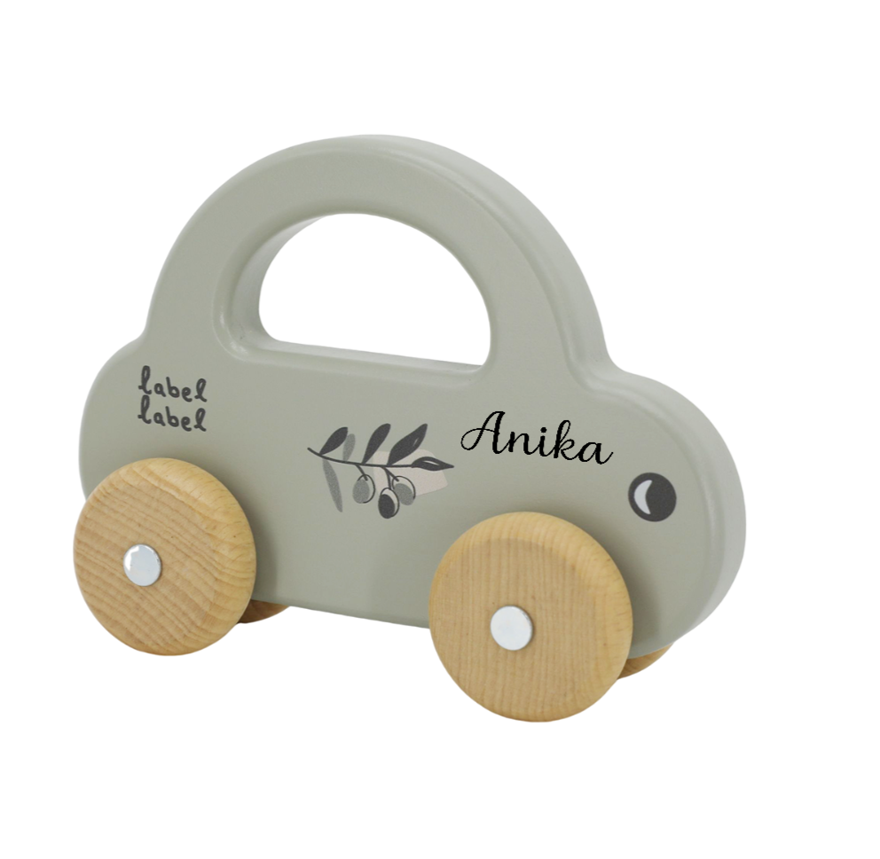 Label Label - Houten Auto - Olijfgroen - Met of zonder naam