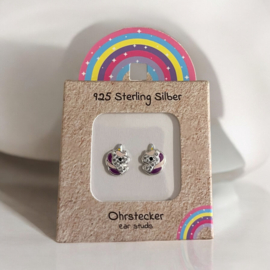 BB Klostermann - Oorsteker - Eenhoorn wit/paars/roze strass