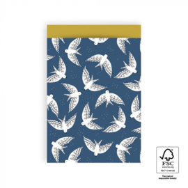 Cadeauzakje – Birds Midnight Blue – Binnenkant Retro Yellow (17cm x 25cm)