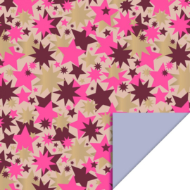 Cadeaupapier - Big Stars Gold Beet Red/Fluor Pink - Achterkant Misty Blue (30cm x 1m)