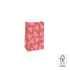 Blokbodemzak - Hearts Flamingo Pink/Cognac  (12cm x 7cm x 19 cm)