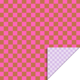 Cadeaupapier - Big Check Cognac/Fluor Pink - Achterkant Small Check Lilac (30cm x 1m)