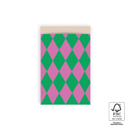 Cadeauzakje - Harlequin Green/Pink – Binnenkant Nude (12cm x 19cm)