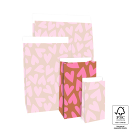 Blokbodemzak - Hearts Flamingo Pink/Cognac  (12cm x 7cm x 19 cm)