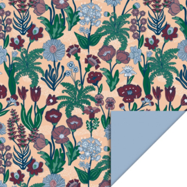 Cadeaupapier - Vintage Flower Peach - Achterkant Polar Blue (30cm x 1m)