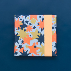Cadeaupapier - Big Stars Gold Blue/Fluor Orange - Achterkant Peach (30cm x 1m)