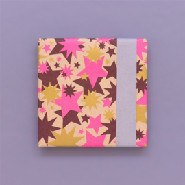 Cadeaupapier - Big Stars Gold Beet Red/Fluor Pink - Achterkant Misty Blue (30cm x 1m)