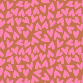 Blokbodemzak - Hearts Flamingo Pink/Cognac  (12cm x 7cm x 19 cm)