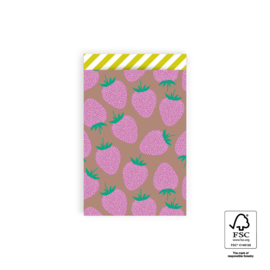 Cadeauzakje - Strawberry Pink/Taupe - Binnenkant Stripes Yellow (12cm x 19cm)