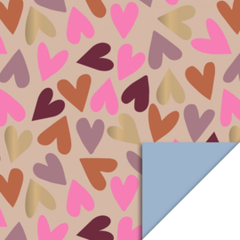 Cadeaupapier - Big Hearts Nude - Achterkant Polar Blue (30cm x 1m)