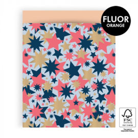 Cadeauzakje – Big Stars Gold Blue/Fluor Orange - Binnenkant Peach (27cm x 34cm)