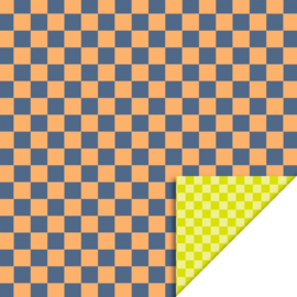 Cadeaupapier - Big Check Blue/Fluor Peach - Achterkant Small Check Lemon (30cm x 1m)