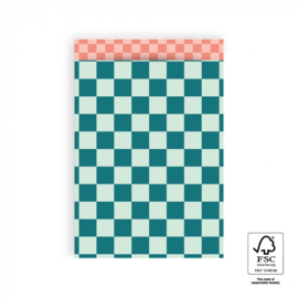 Cadeauzakje – Big Check Jade Blue  – Binnenkant Check Salmon (17cm x 25cm)