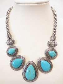 Turquoise Sieraden Set Zilverkleur ketting +  oorbellen