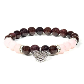 Armband Granaat / Rozenkwarts met Hartje bedel