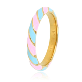 Gouden ring met blauw en lila epoxy