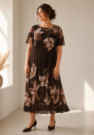 OX Pleated Dress Brown Flower