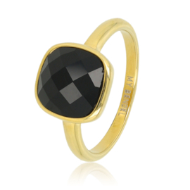 Gouden ring met grote facet zwarte kristal glassteen