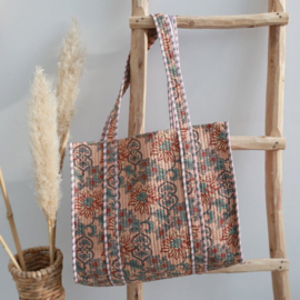 Schoudertas blokprint flower beige