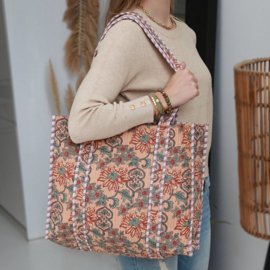 Schoudertas blokprint flower beige