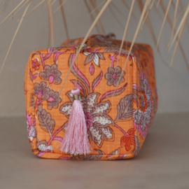 Toilettasje blockprint toilettas flower oranje M