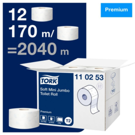 TORK PREMIUM TOILETPAP MINI JUMBO 2-LGS WIT 170 MTR X 10 CM DOOS À 12 ROL/850 VEL (110253)