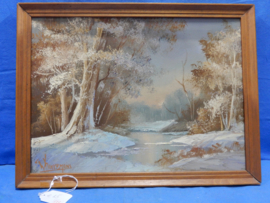 art nr: 677 vintage schilderij van Karremans, bospad in de sneeuw