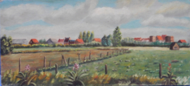 art nr: 661 antiek schilderij op paneel van een dorpszicht