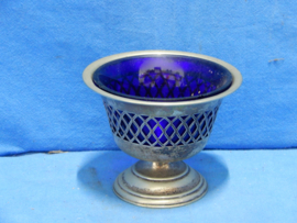 art nr: 692 vintage verzilverde vingerkom met blauwe glazen inhoud