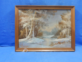 art nr: 677 vintage schilderij van Karremans, bospad in de sneeuw