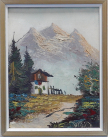 art nr: 80 antiek schilderij van een berg zicht met woning