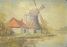 art nr: 426 antiek schilderij met molen en boerderij