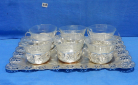 art nr: 223 vintage glazen thee set op verzilverd dienblad