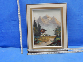 art nr: 80 antiek schilderij van een berg zicht met woning