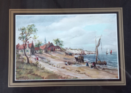 art nr: 94 vintage schilderij schepen met dorp zicht aan de Zuiderzee