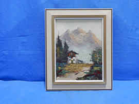art nr: 80 antiek schilderij van een berg zicht met woning