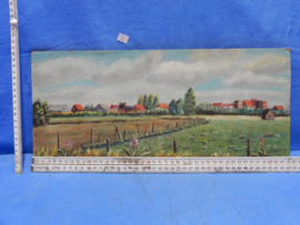 art nr: 661 antiek schilderij op paneel van een dorpszicht