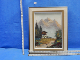 art nr: 80 antiek schilderij van een berg zicht met woning