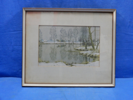 art nr: 640 vintage aquarel van een waterplas in een weiland
