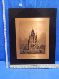 art nr: 624 vintage koperen ets plaat de markt en stadhuis in Gouda