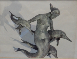 art nr: 641 vintage kunstwerk schilderij met naakte vrouw op dolfijn