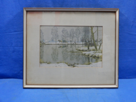 art nr: 640 vintage aquarel van een waterplas in een weiland
