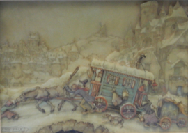 art nr: 604 vintage 3D schilderij van ezel met clowns wagen