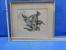 art nr: 641 vintage kunstwerk schilderij met naakte vrouw op dolfijn