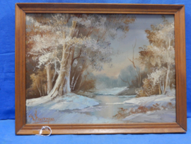 art nr: 677 vintage schilderij van Karremans, bospad in de sneeuw