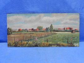 art nr: 661 antiek schilderij op paneel van een dorpszicht
