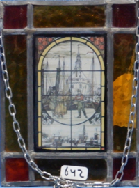 art nr: 642 vintage glas in lood raam met afbeelding ijs tafereel