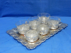art nr: 223 vintage glazen thee set op verzilverd dienblad