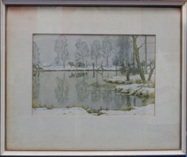 art nr: 640 vintage aquarel van een waterplas in een weiland